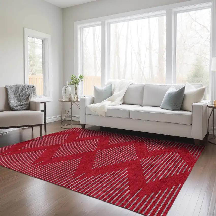Red And Gray Geometric Washable Indoor Outdoor Area Rug Photo 9