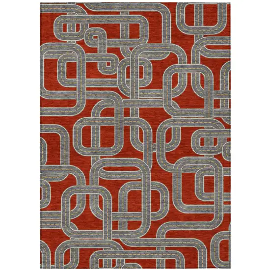 Red And Gray Geometric Washable Indoor Outdoor Area Rug Photo 2