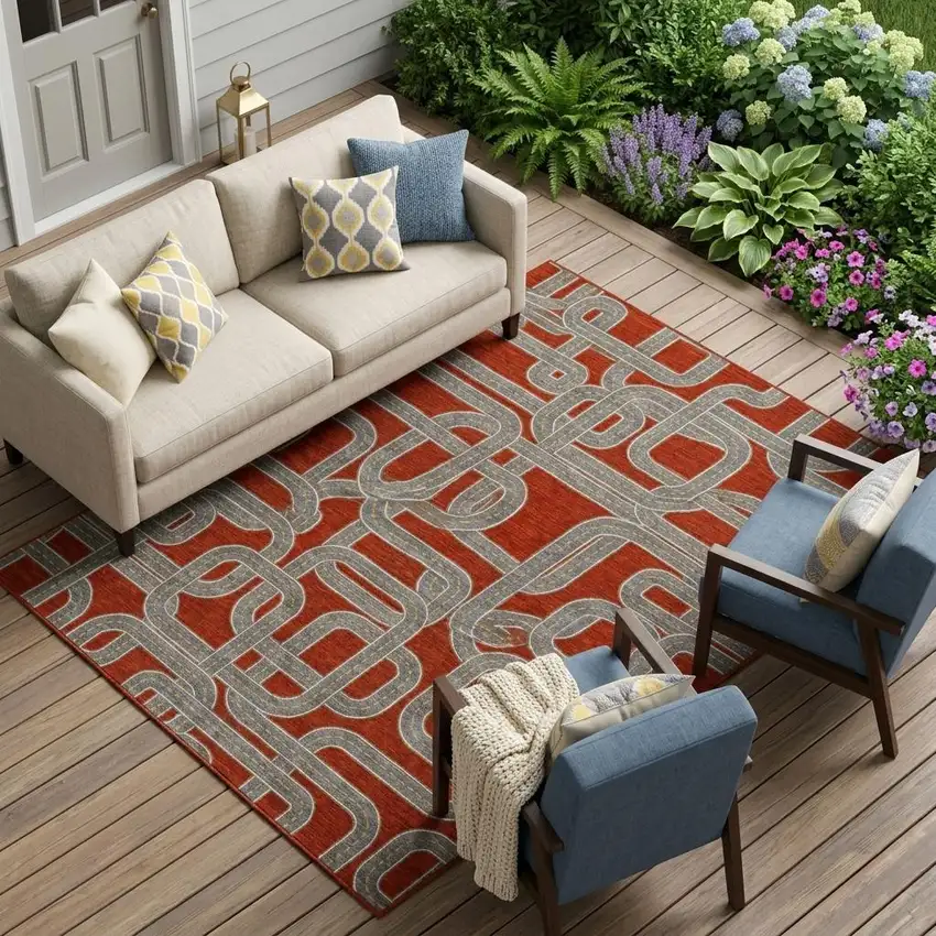 Red And Gray Geometric Washable Indoor Outdoor Area Rug Photo 1