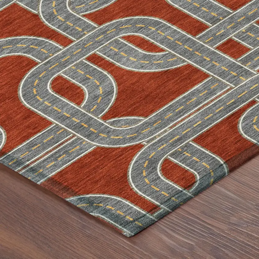 Red And Gray Geometric Washable Indoor Outdoor Area Rug Photo 3