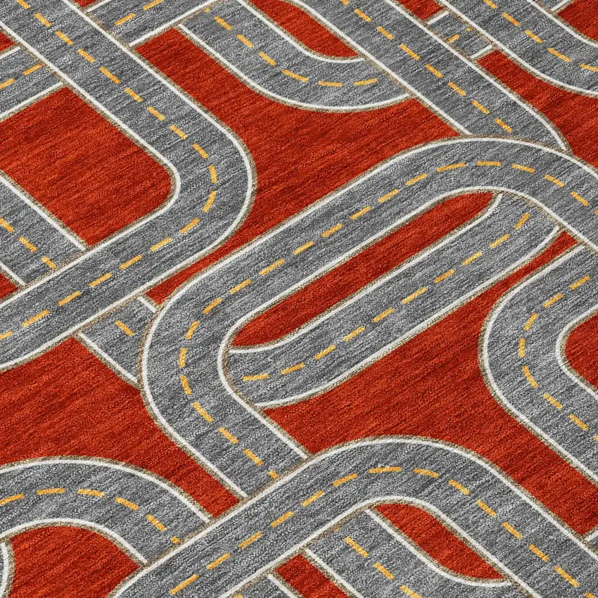 Red And Gray Geometric Washable Indoor Outdoor Area Rug Photo 4
