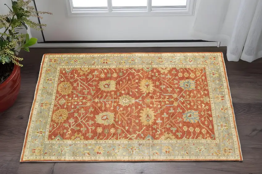 Red And Gray Wool Oriental Hand Knotted Area Rug Photo 1