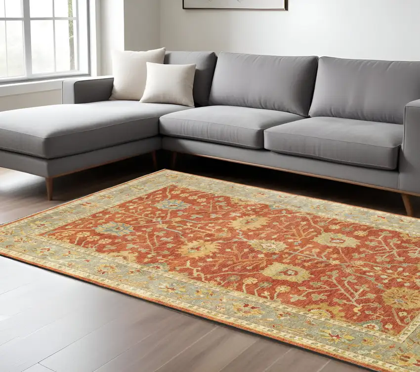 Red And Gray Wool Oriental Hand Knotted Area Rug Photo 1