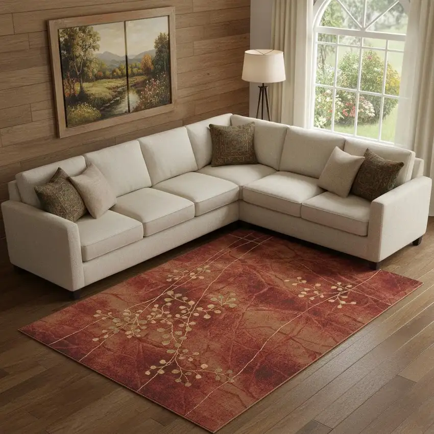 Red And Green Botanical Leaves Non Skid Area Rug Photo 1