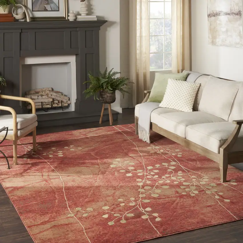 Red And Green Botanical Leaves Non Skid Area Rug Photo 3