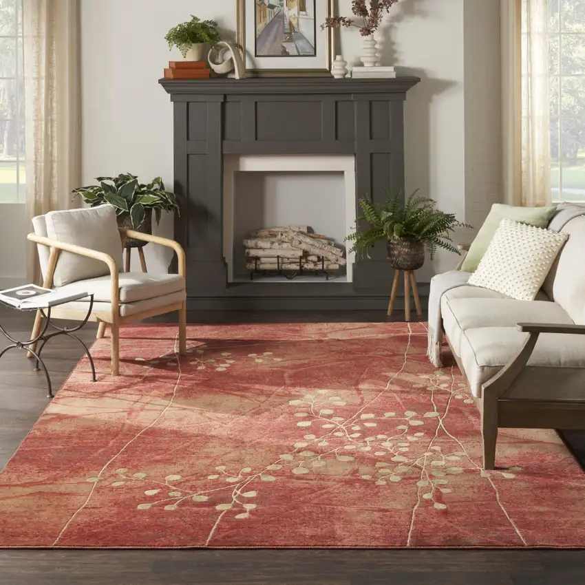 Red And Green Botanical Leaves Non Skid Area Rug Photo 5