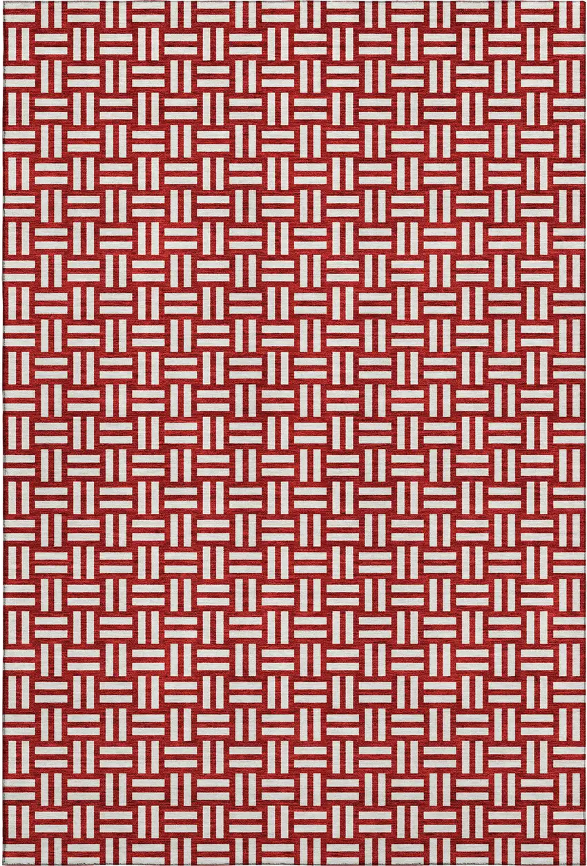 Red And Ivory Abstract Geometric Washable Area Rug With UV Protection Photo 1