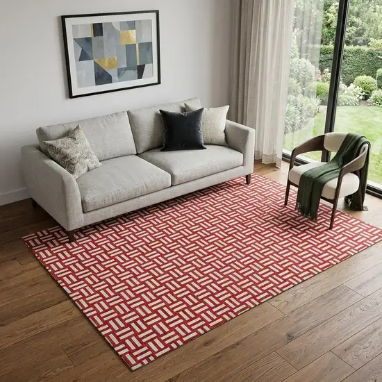 Red And Ivory Abstract Geometric Washable Area Rug With UV Protection Photo 1