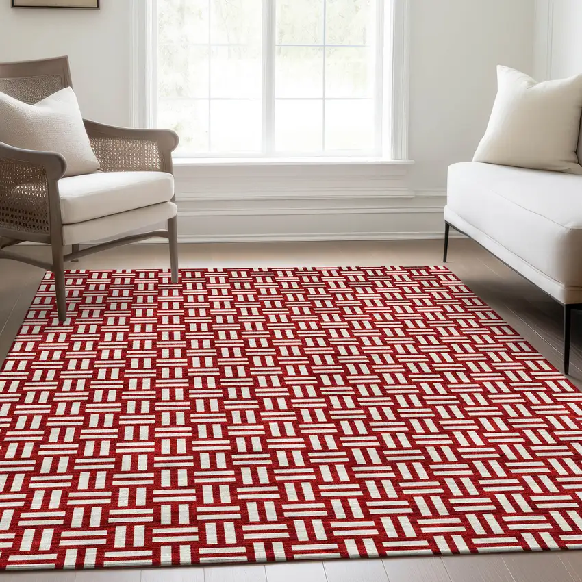 Red And Ivory Abstract Geometric Washable Area Rug With UV Protection Photo 5