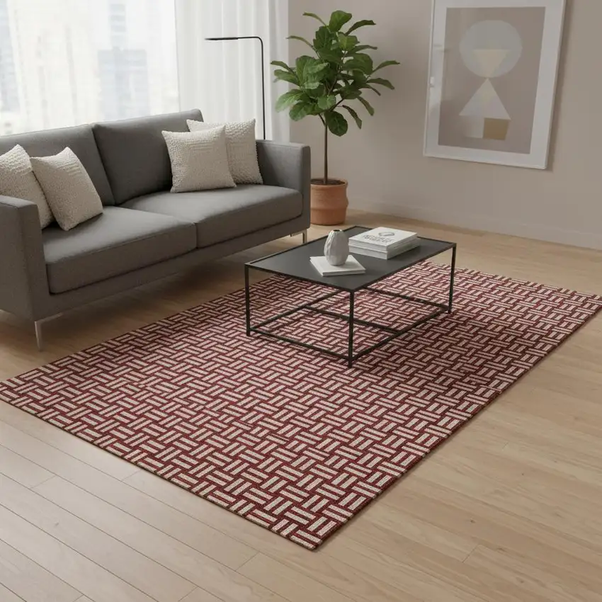 Red And Ivory Abstract Geometric Washable Area Rug With UV Protection Photo 2