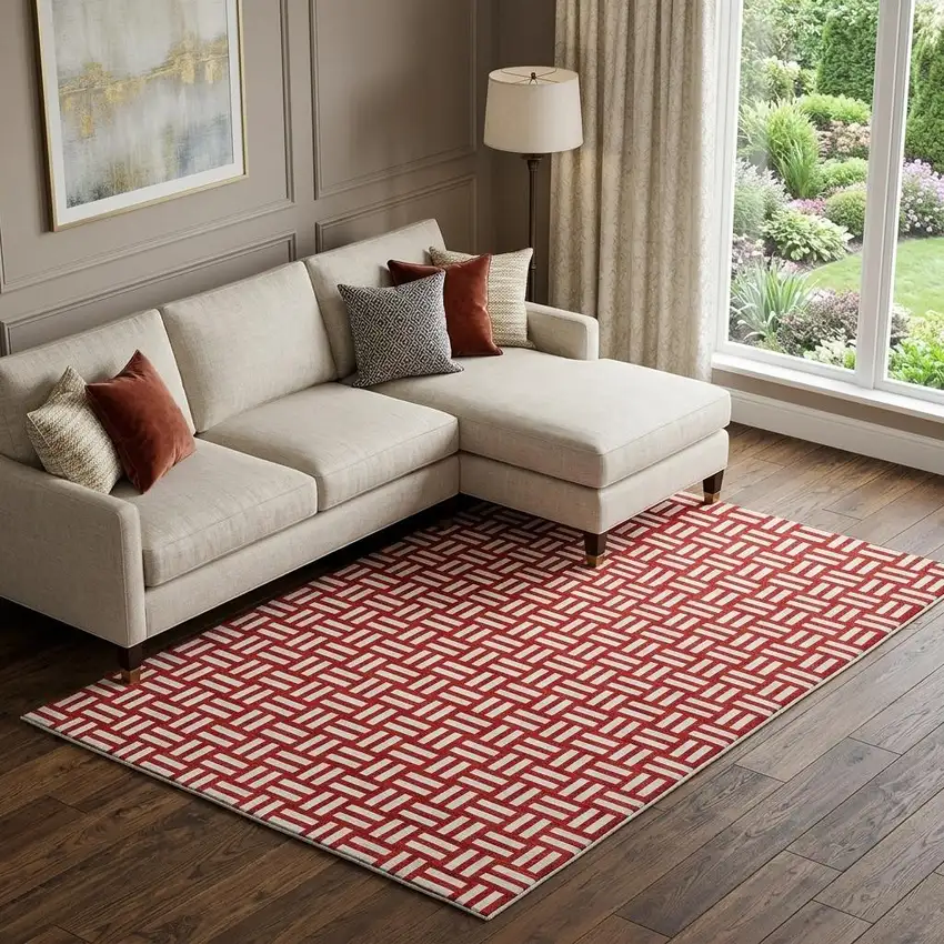 Red And Ivory Abstract Geometric Washable Area Rug With UV Protection Photo 1