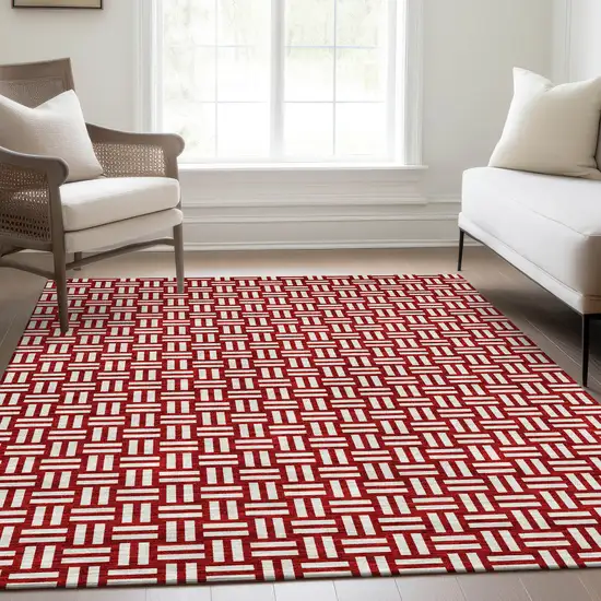 Red And Ivory Abstract Geometric Washable Area Rug With UV Protection Photo 5