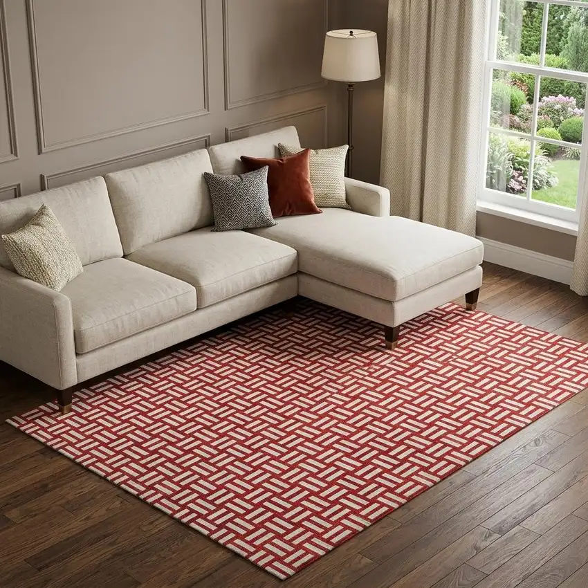 Red And Ivory Abstract Geometric Washable Area Rug With UV Protection Photo 1