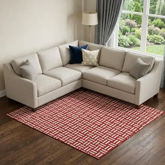 Red And Ivory Abstract Geometric Washable Area Rug With UV Protection Photo 1