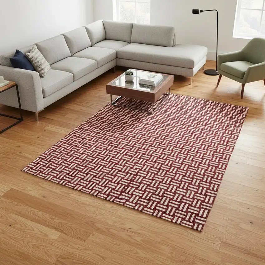 Red And Ivory Abstract Geometric Washable Area Rug With UV Protection Photo 2