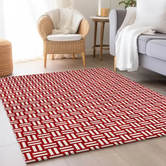 Red And Ivory Abstract Geometric Washable Area Rug With UV Protection Photo 4