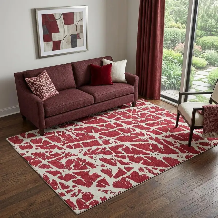 Red And Ivory Abstract Washable Area Rug With UV Protection Photo 1