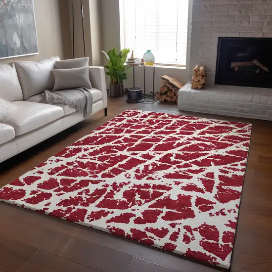 Red And Ivory Abstract Washable Area Rug With UV Protection Photo 6