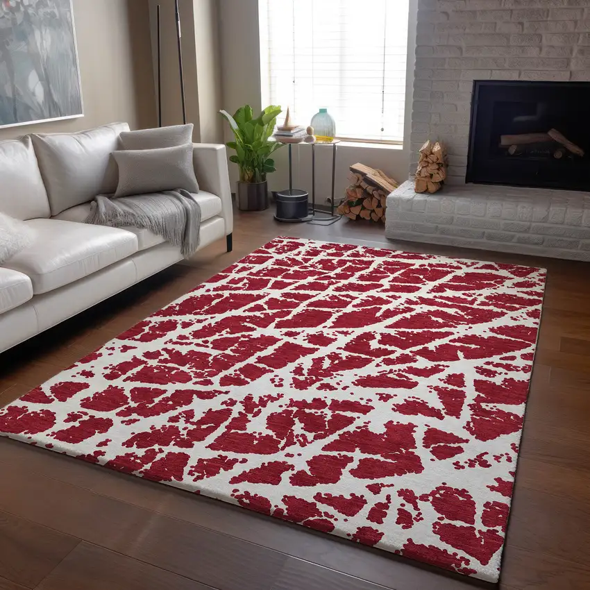 Red And Ivory Abstract Washable Area Rug With UV Protection Photo 6