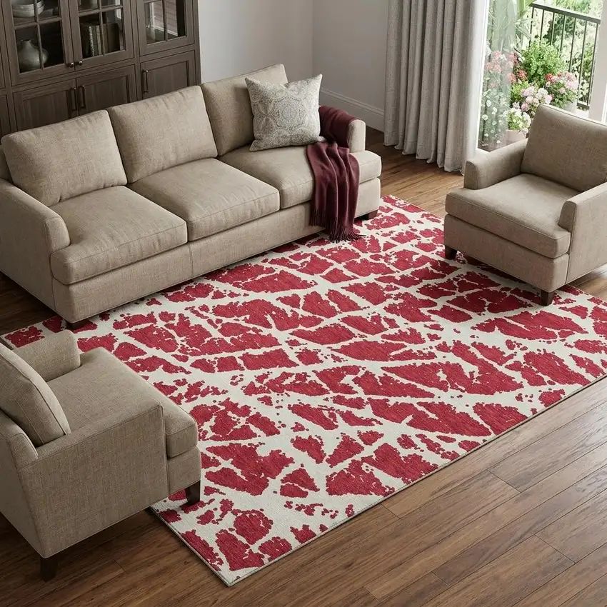 Red And Ivory Abstract Washable Area Rug With UV Protection Photo 1