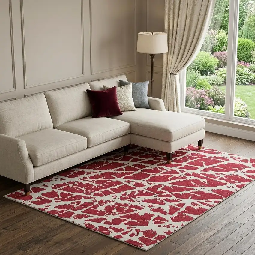 Red And Ivory Abstract Washable Area Rug With UV Protection Photo 1