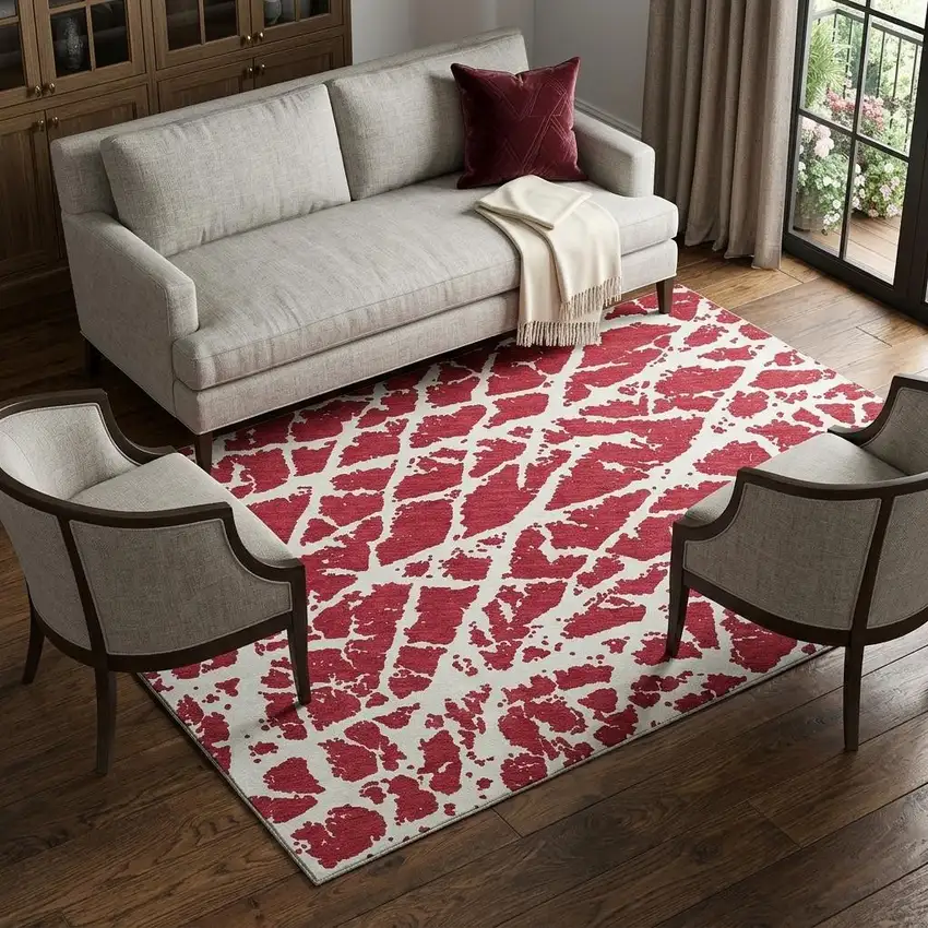 Red And Ivory Abstract Washable Area Rug With UV Protection Photo 1