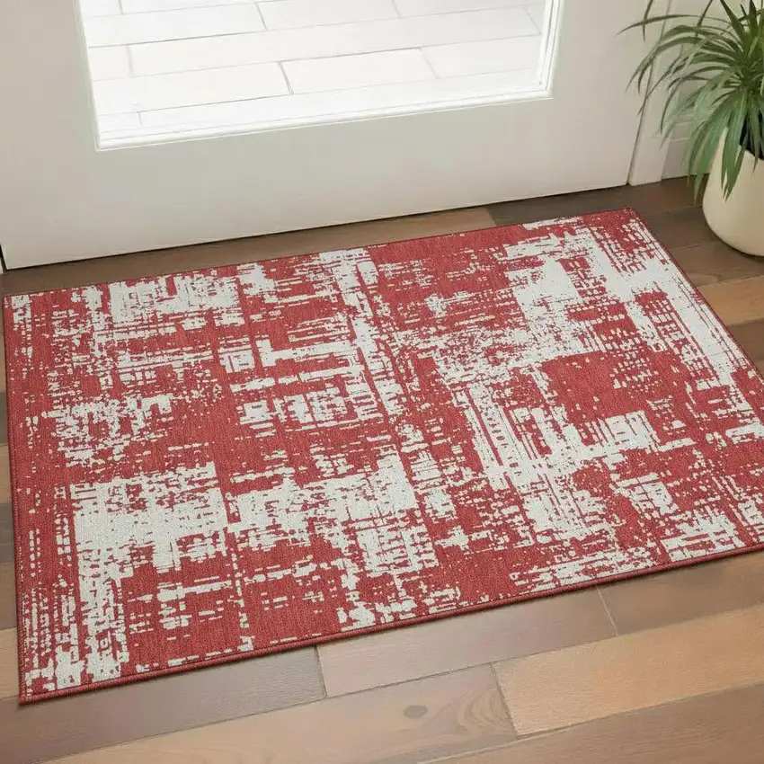 Red And Ivory Abstract Washable Area Rug With UV Protection Photo 1