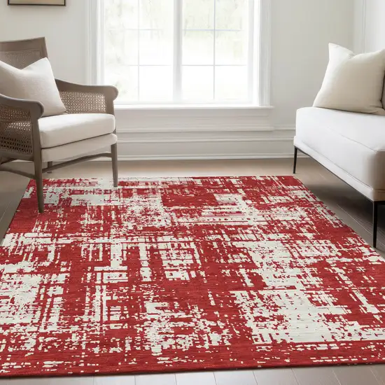 Red And Ivory Abstract Washable Area Rug With UV Protection Photo 6