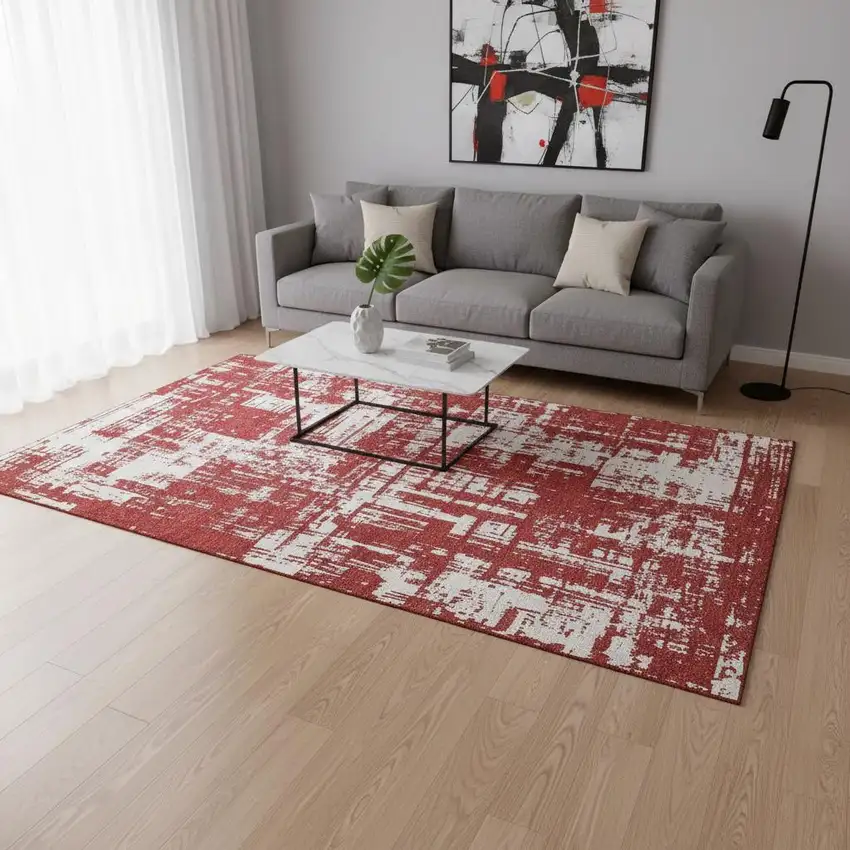 Red And Ivory Abstract Washable Area Rug With UV Protection Photo 2