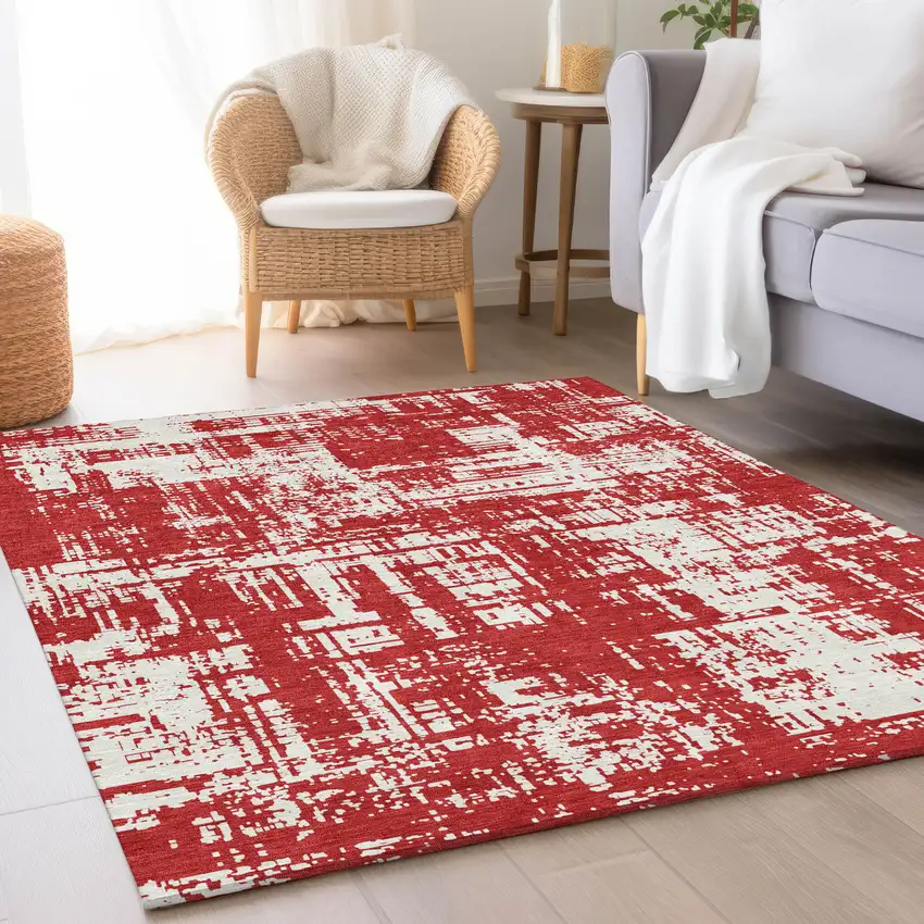 Red And Ivory Abstract Washable Area Rug With UV Protection Photo 5