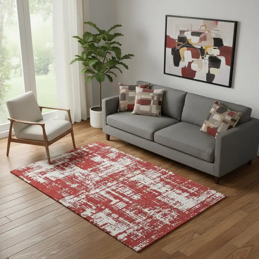 Red And Ivory Abstract Washable Area Rug With UV Protection Photo 1