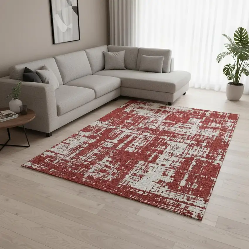 Red And Ivory Abstract Washable Area Rug With UV Protection Photo 2