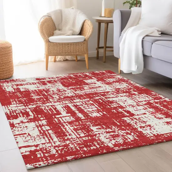 Red And Ivory Abstract Washable Area Rug With UV Protection Photo 5