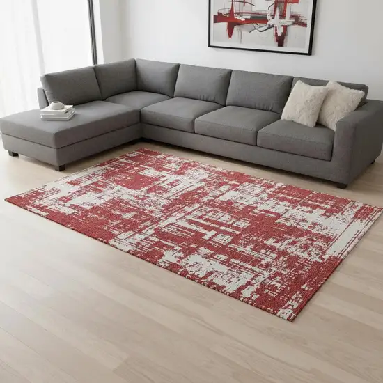 Red And Ivory Abstract Washable Area Rug With UV Protection Photo 2
