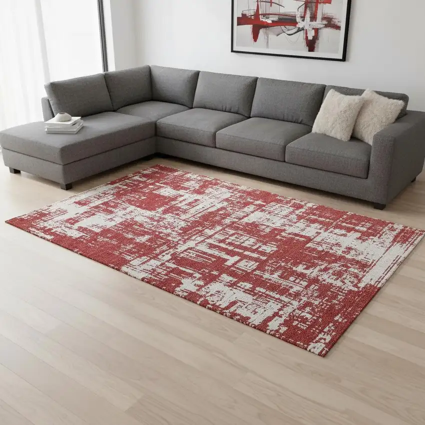 Red And Ivory Abstract Washable Area Rug With UV Protection Photo 2