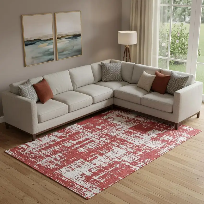 Red And Ivory Abstract Washable Area Rug With UV Protection Photo 1