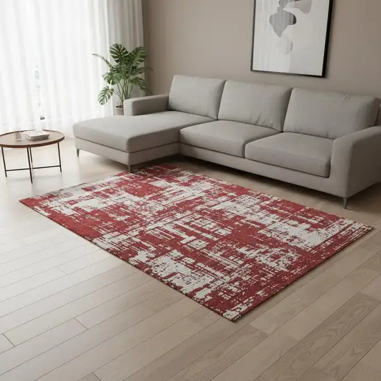 Red And Ivory Abstract Washable Area Rug With UV Protection Photo 2