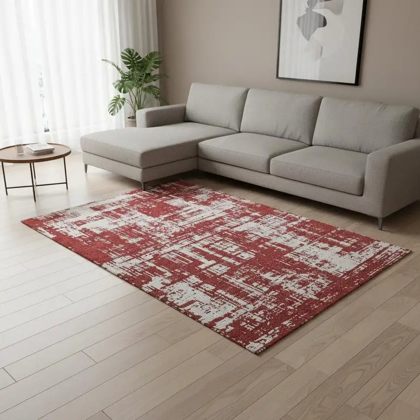 Red And Ivory Abstract Washable Area Rug With UV Protection Photo 2
