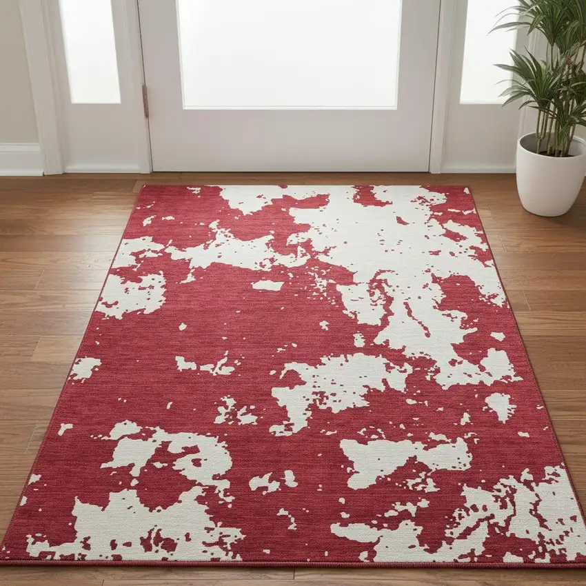 Red And Ivory Abstract Washable Area Rug With UV Protection Photo 2