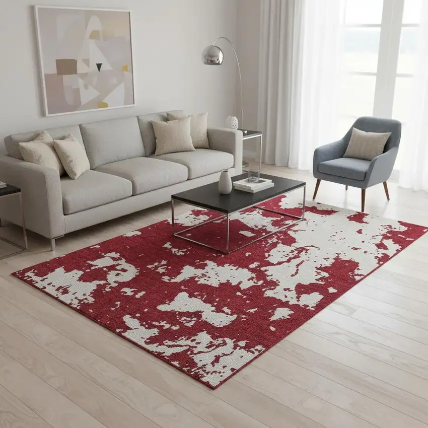 Red And Ivory Abstract Washable Area Rug With UV Protection Photo 2