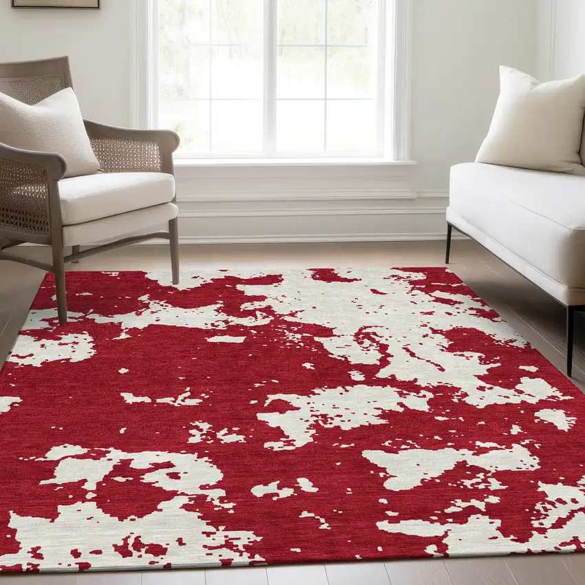 Red And Ivory Abstract Washable Area Rug With UV Protection Photo 6