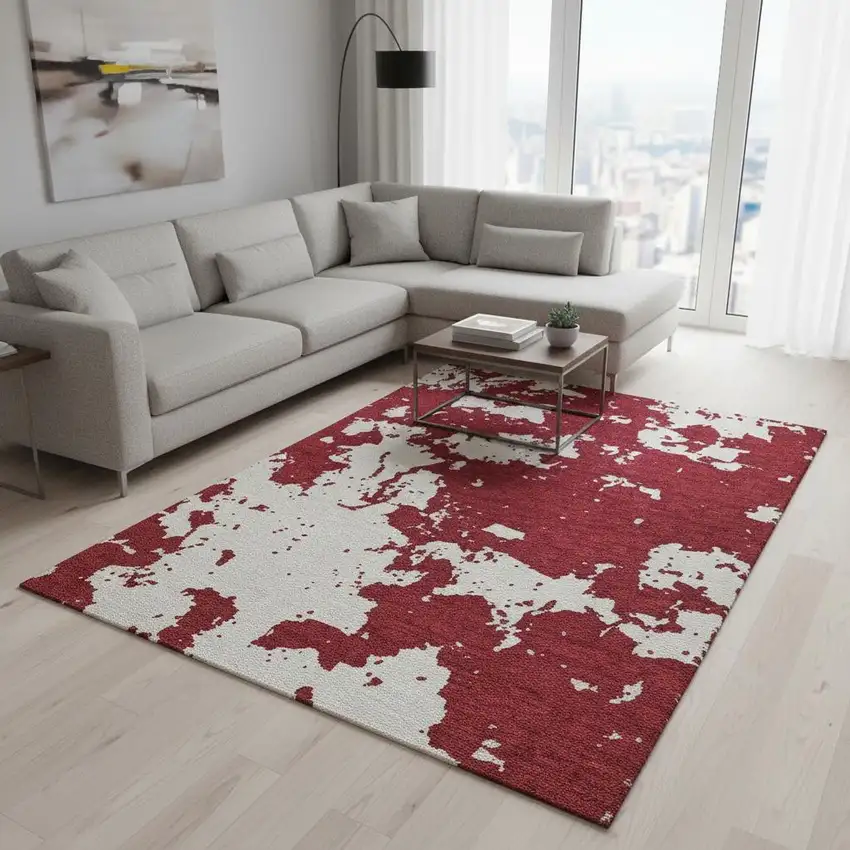 Red And Ivory Abstract Washable Area Rug With UV Protection Photo 2
