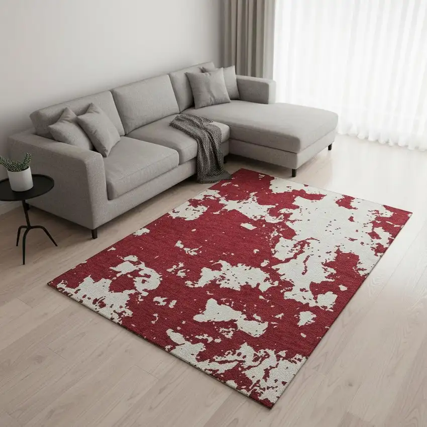 Red And Ivory Abstract Washable Area Rug With UV Protection Photo 2
