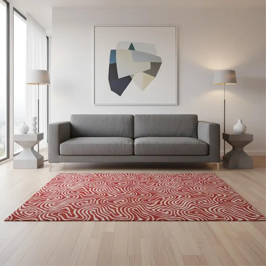 Red And Ivory Abstract Washable Area Rug With UV Protection Photo 2
