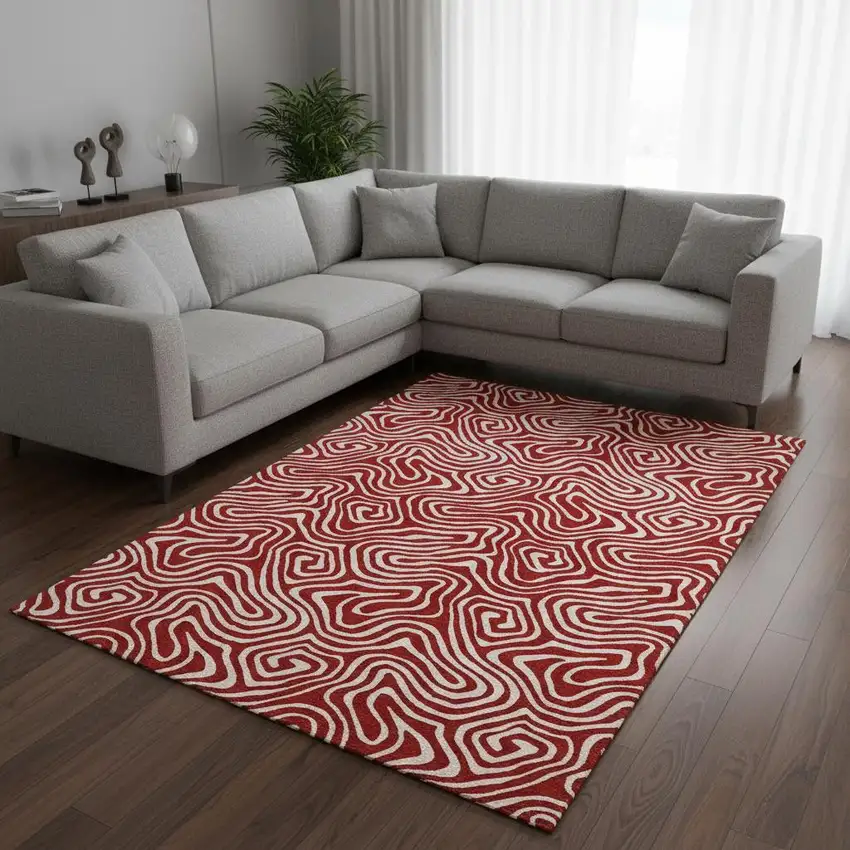 Red And Ivory Abstract Washable Area Rug With UV Protection Photo 2