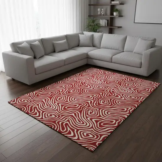 Red And Ivory Abstract Washable Area Rug With UV Protection Photo 2
