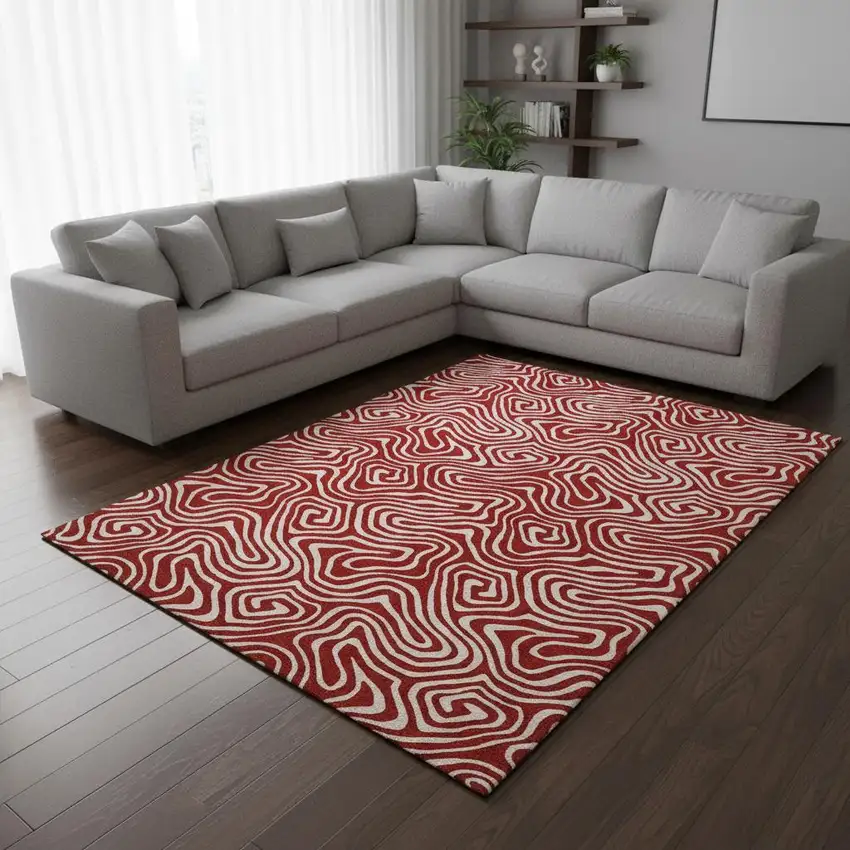 Red And Ivory Abstract Washable Area Rug With UV Protection Photo 2