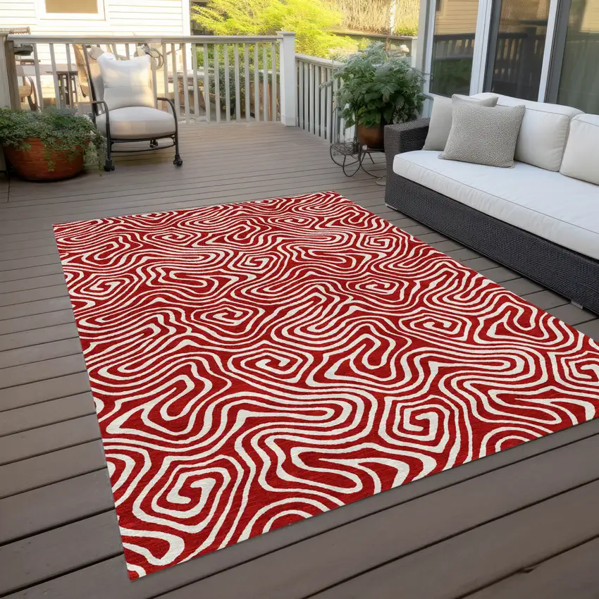 Red And Ivory Abstract Washable Indoor Outdoor Area Rug Photo 9
