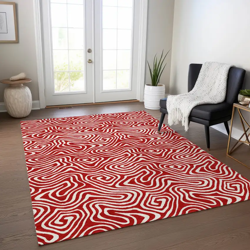Red And Ivory Abstract Washable Indoor Outdoor Area Rug Photo 9