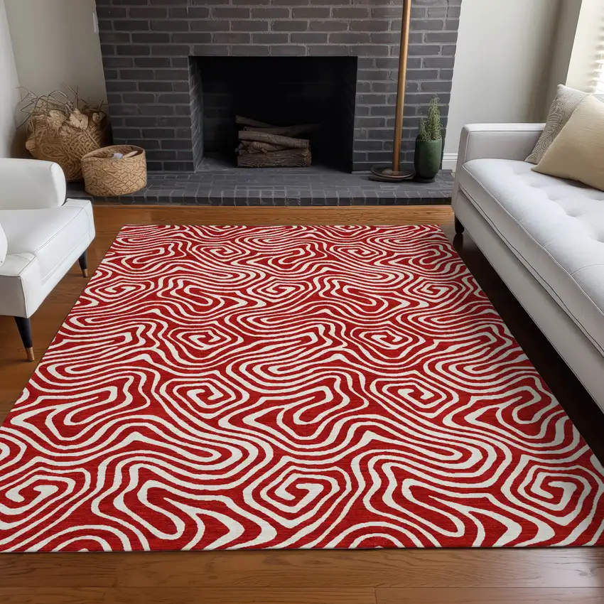 Red And Ivory Abstract Washable Indoor Outdoor Area Rug Photo 9